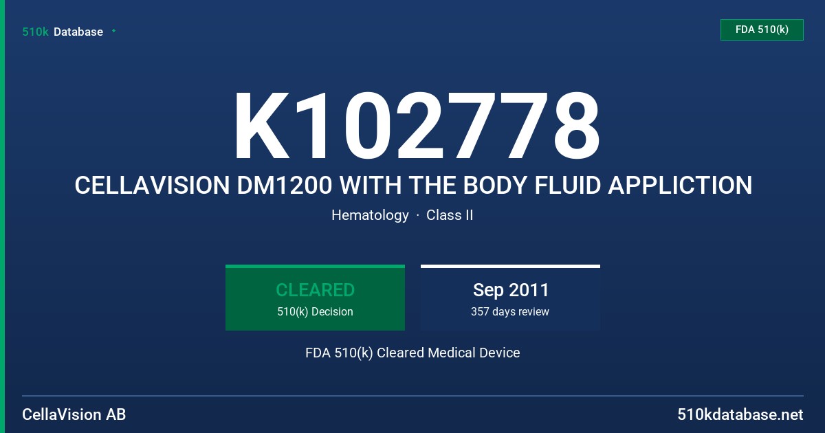 K102778 CELLAVISION DM1200 WITH THE BODY FLUID APPLICTION FDA 510(k) Cleared Medical Device