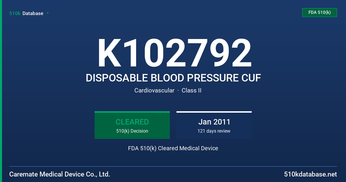 K102792 DISPOSABLE BLOOD PRESSURE CUF FDA 510(k) Cleared Medical Device