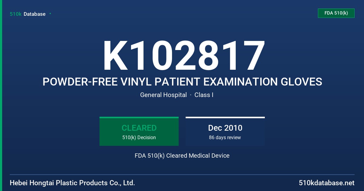 K102817 POWDER-FREE VINYL PATIENT EXAMINATION GLOVES FDA 510(k) Cleared Medical Device
