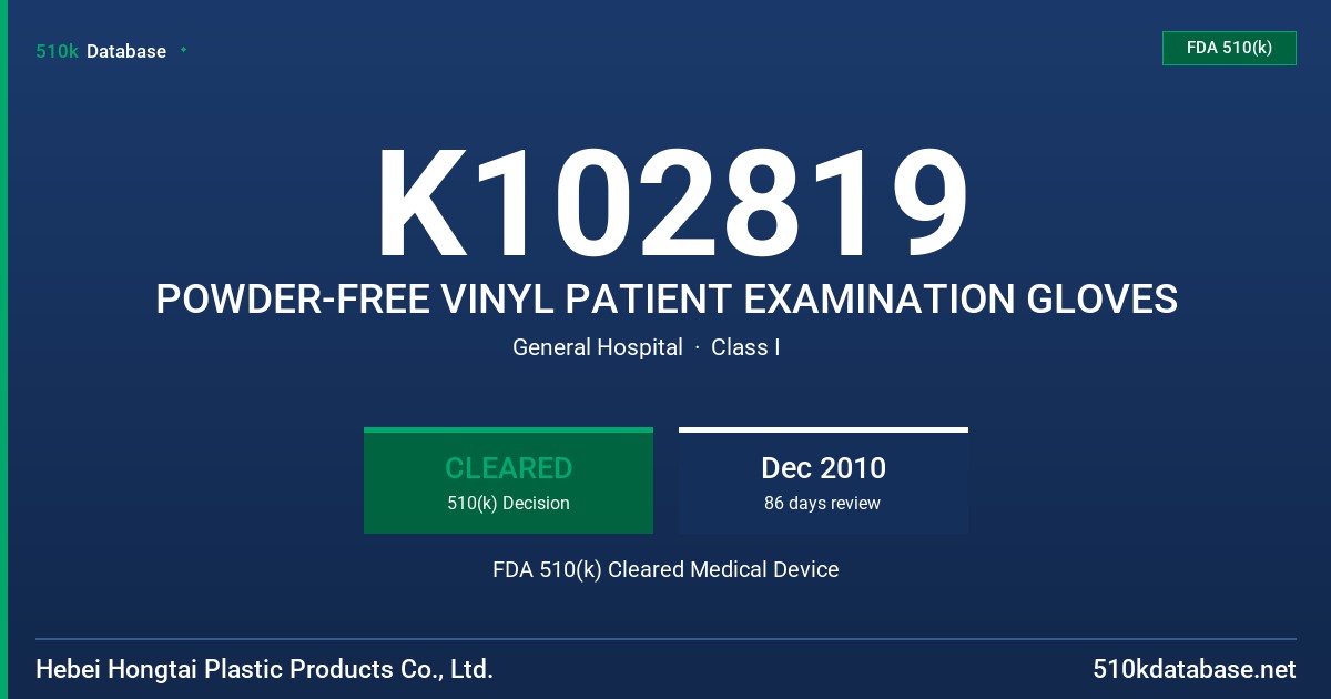K102819 POWDER-FREE VINYL PATIENT EXAMINATION GLOVES FDA 510(k) Cleared Medical Device