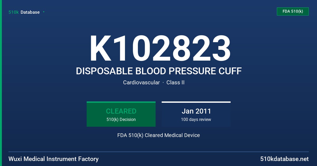 K102823 DISPOSABLE BLOOD PRESSURE CUFF FDA 510(k) Cleared Medical Device