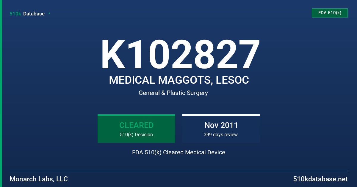 K102827 MEDICAL MAGGOTS, LESOC FDA 510(k) Cleared Medical Device