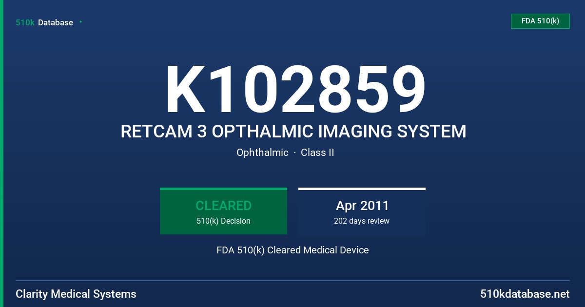 K102859 RETCAM 3 OPTHALMIC IMAGING SYSTEM FDA 510(k) Cleared Medical Device