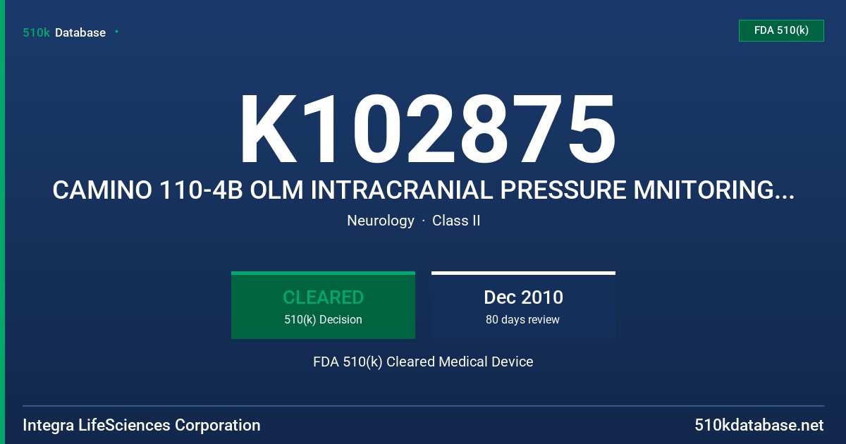 K102875 CAMINO 110-4B OLM INTRACRANIAL PRESSURE MNITORING KIT FDA 510(k) Cleared Medical Device