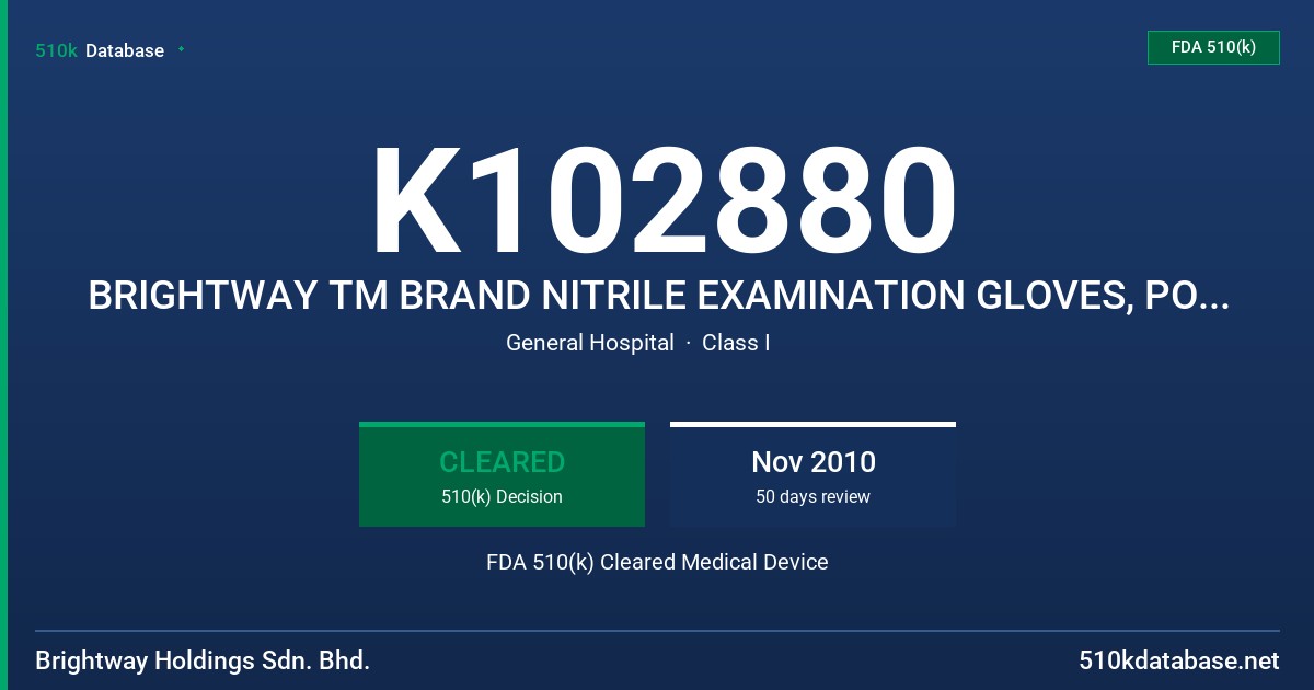 K102880 BRIGHTWAY TM BRAND NITRILE EXAMINATION GLOVES, POWDER FREE, NON-STERILE. (GREY COLOR) FDA 510(k) Cleared Medical Device