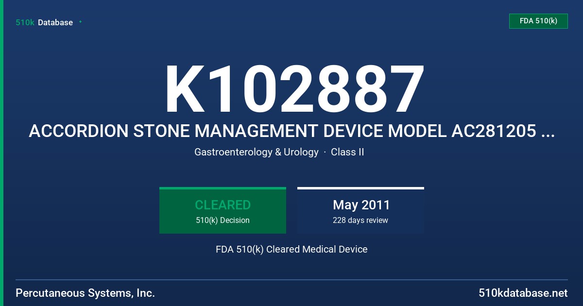 K102887 ACCORDION STONE MANAGEMENT DEVICE MODEL AC281205 AND AC3814510 FDA 510(k) Cleared Medical Device