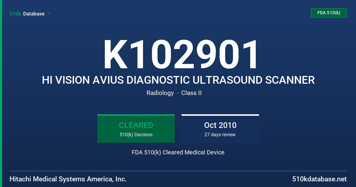 K102901 HI VISION AVIUS DIAGNOSTIC ULTRASOUND SCANNER FDA 510(k) Cleared Medical Device