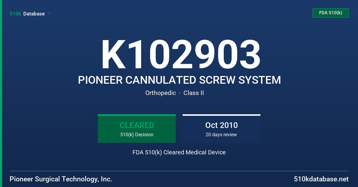 K102903 PIONEER CANNULATED SCREW SYSTEM FDA 510(k) Cleared Medical Device