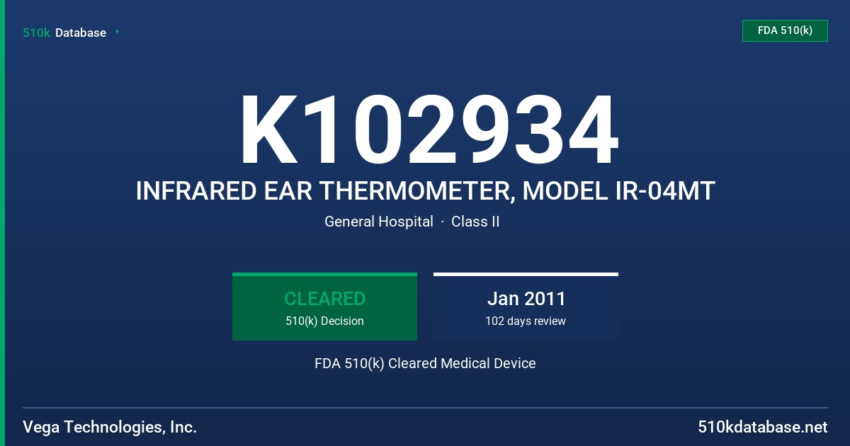 K102934 INFRARED EAR THERMOMETER, MODEL IR-04MT FDA 510(k) Cleared Medical Device