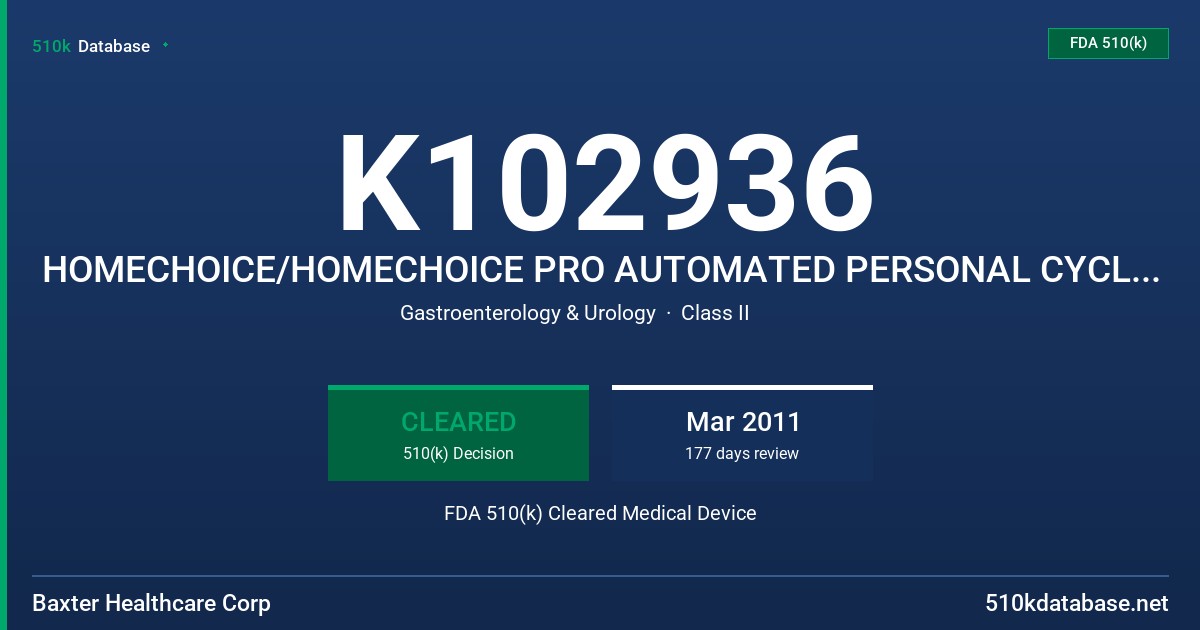 K102936 HOMECHOICE/HOMECHOICE PRO AUTOMATED PERSONAL CYCLER PERITONEAL DIALYSIS SYSTEM MODEL 5C4471, 5C8310, 5C4471R AND 5C8310R FDA 510(k) Cleared Medical Device