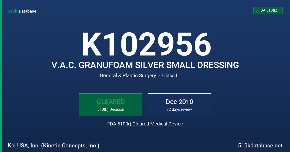 K102956 V.A.C. GRANUFOAM SILVER SMALL DRESSING FDA 510(k) Cleared Medical Device