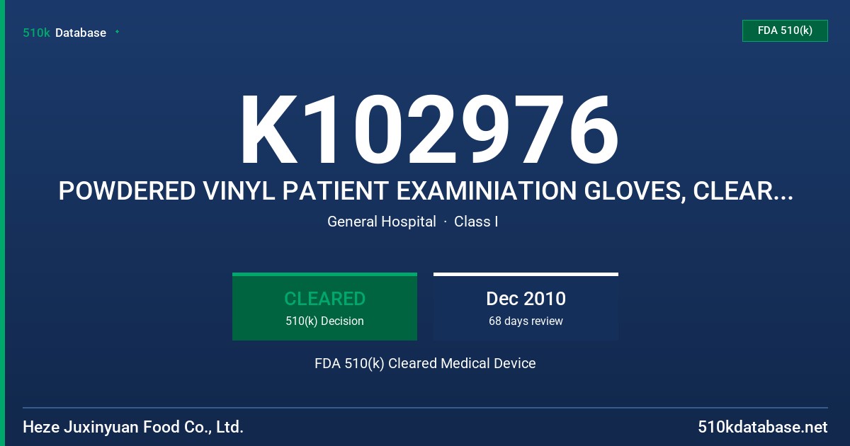 K102976 POWDERED VINYL PATIENT EXAMINIATION GLOVES, CLEAR (NON-COLORED) FDA 510(k) Cleared Medical Device