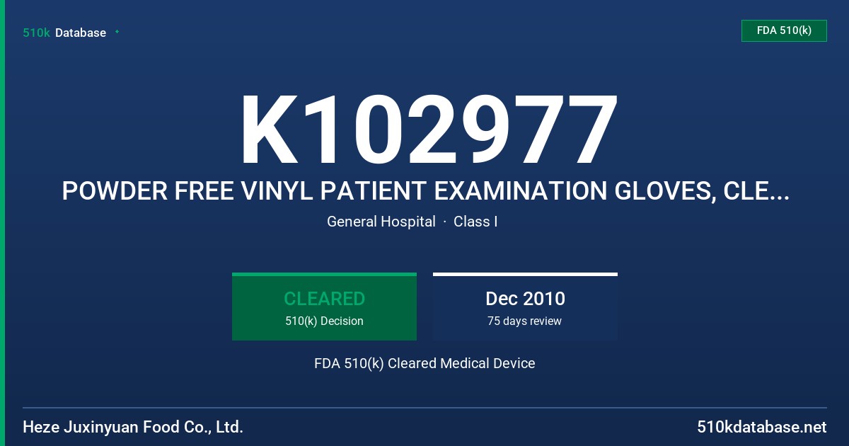 K102977 POWDER FREE VINYL PATIENT EXAMINATION GLOVES, CLEAR (NON-COLORED) FDA 510(k) Cleared Medical Device