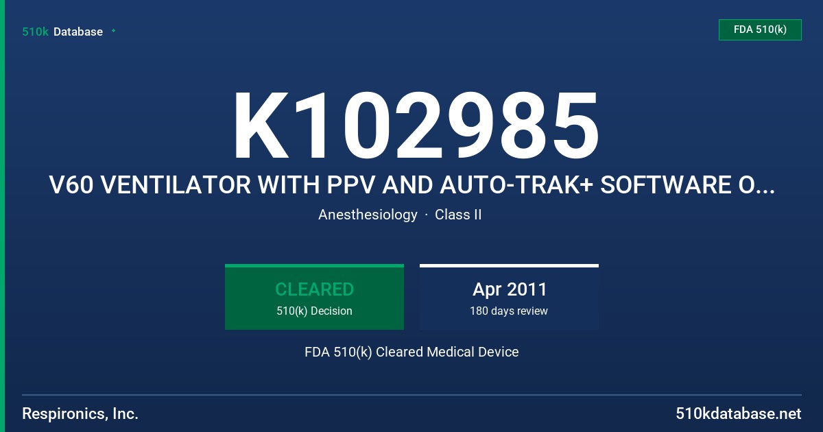 K102985 V60 VENTILATOR WITH PPV AND AUTO-TRAK+ SOFTWARE OPTIONS FDA 510(k) Cleared Medical Device