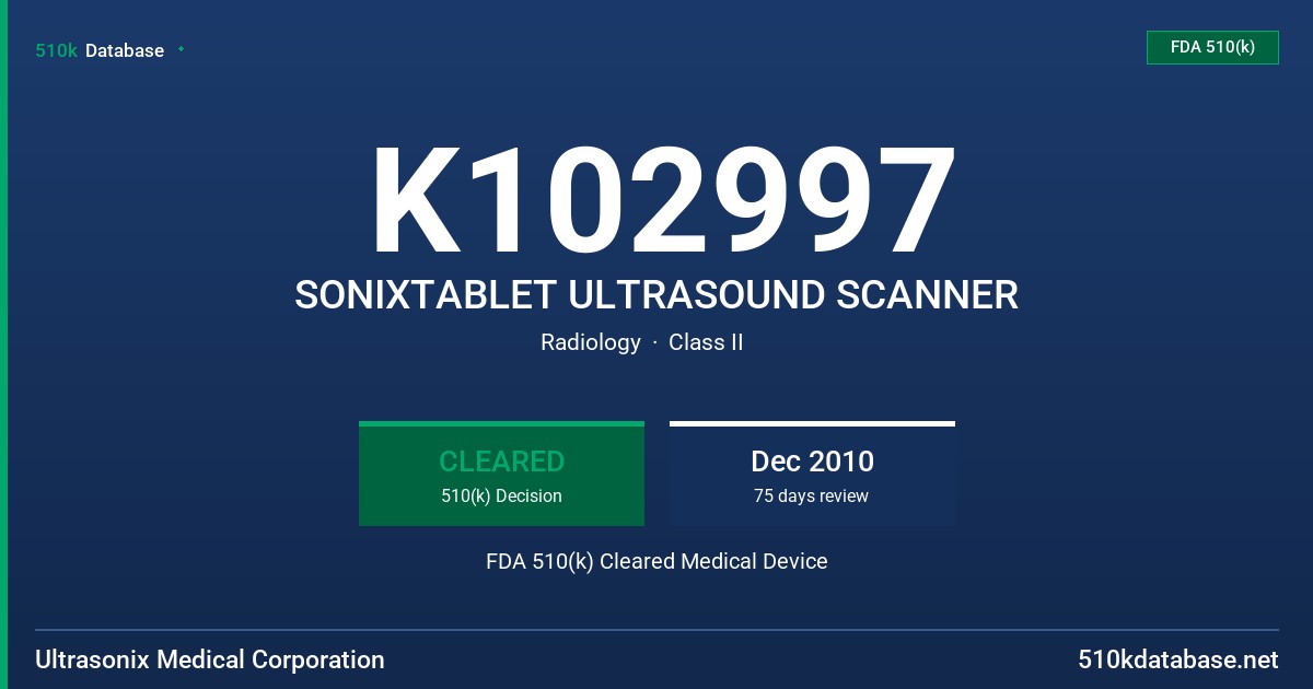 K102997 SONIXTABLET ULTRASOUND SCANNER FDA 510(k) Cleared Medical Device