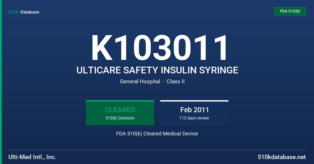 K103011 ULTICARE SAFETY INSULIN SYRINGE FDA 510(k) Cleared Medical Device