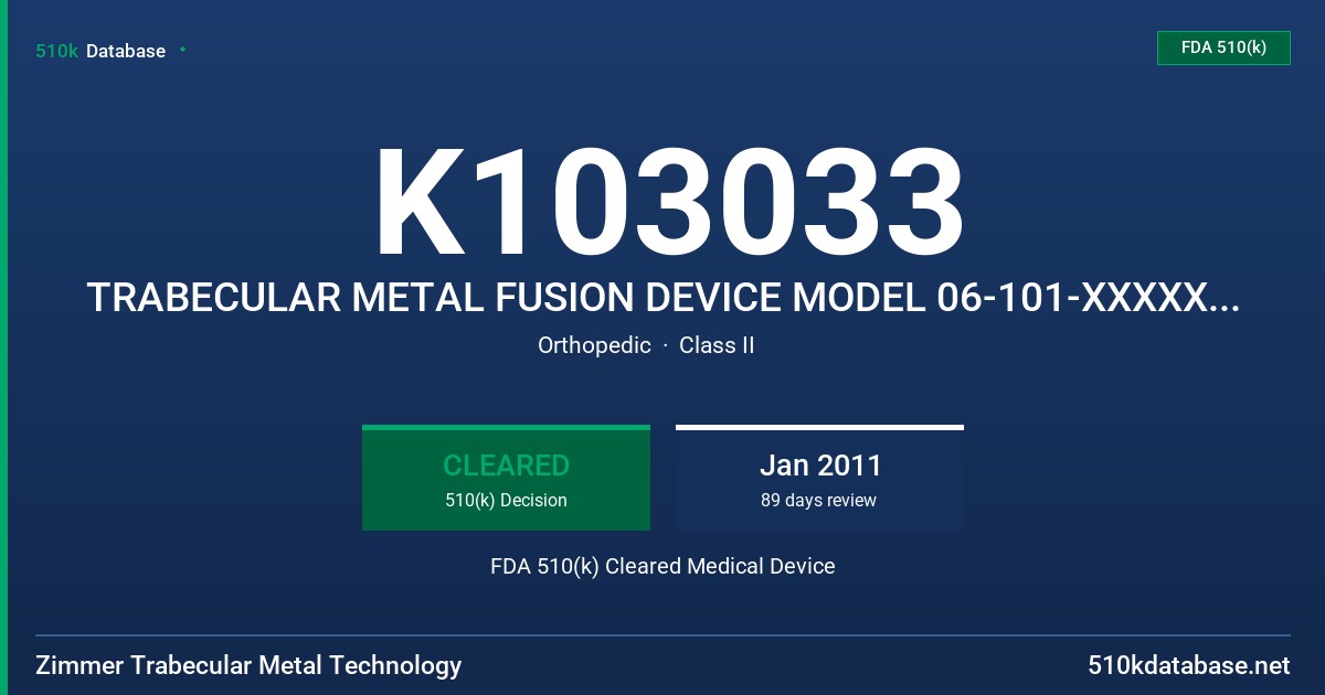 K103033 TRABECULAR METAL FUSION DEVICE MODEL 06-101-XXXXX, 06-102-XXXXX AND 08-100-XXXXX FDA 510(k) Cleared Medical Device