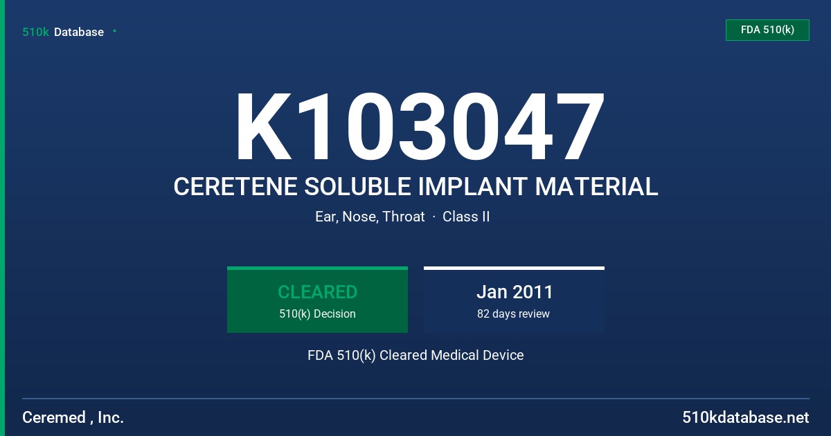 K103047 CERETENE SOLUBLE IMPLANT MATERIAL FDA 510(k) Cleared Medical Device