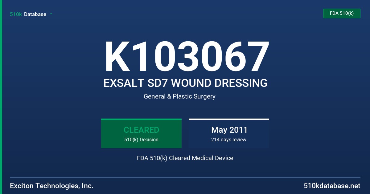 K103067 EXSALT SD7 WOUND DRESSING FDA 510(k) Cleared Medical Device