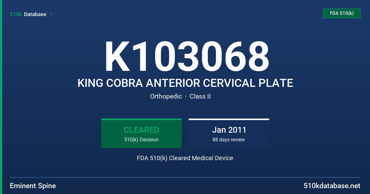 K103068 KING COBRA ANTERIOR CERVICAL PLATE FDA 510(k) Cleared Medical Device