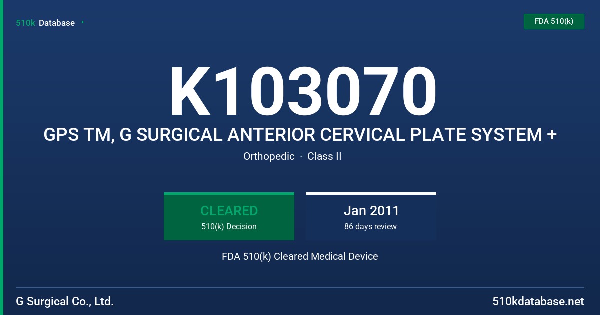 K103070 GPS TM, G SURGICAL ANTERIOR CERVICAL PLATE SYSTEM + FDA 510(k) Cleared Medical Device