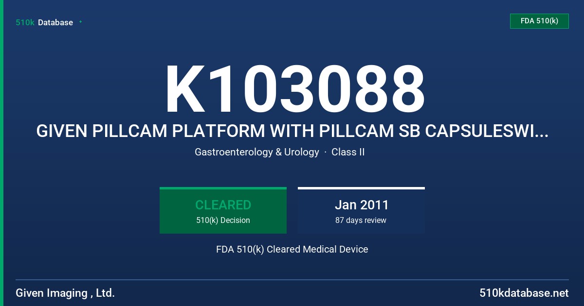 K103088 GIVEN PILLCAM PLATFORM WITH PILLCAM SB CAPSULESWITH PILLCAM R SENSORBELT FDA 510(k) Cleared Medical Device