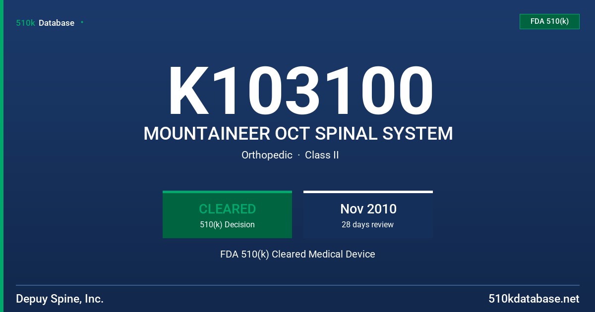 K103100 MOUNTAINEER OCT SPINAL SYSTEM FDA 510(k) Cleared Medical Device