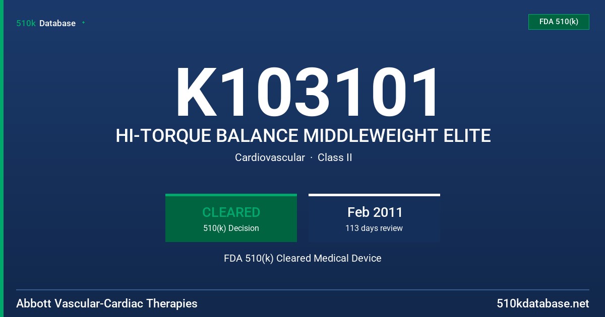 K103101 HI-TORQUE BALANCE MIDDLEWEIGHT ELITE FDA 510(k) Cleared Medical Device