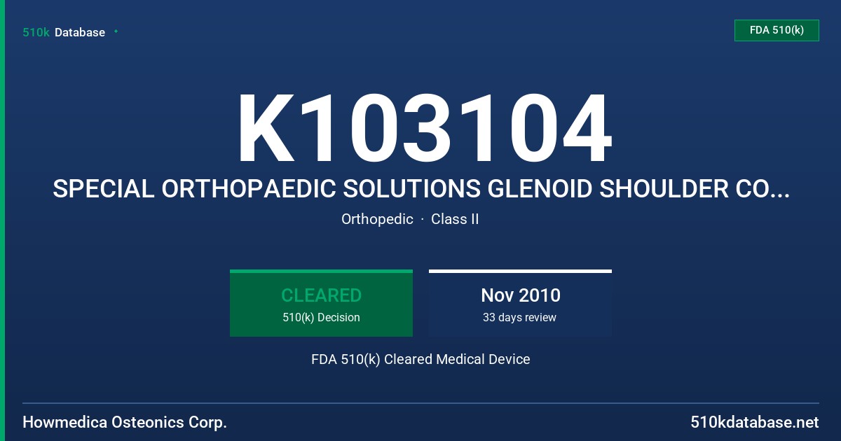 K103104 SPECIAL ORTHOPAEDIC SOLUTIONS GLENOID SHOULDER COMPONENT FDA 510(k) Cleared Medical Device