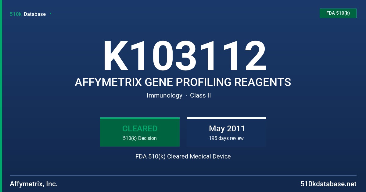 K103112 AFFYMETRIX GENE PROFILING REAGENTS FDA 510(k) Cleared Medical Device