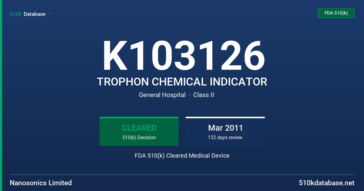 K103126 TROPHON CHEMICAL INDICATOR FDA 510(k) Cleared Medical Device
