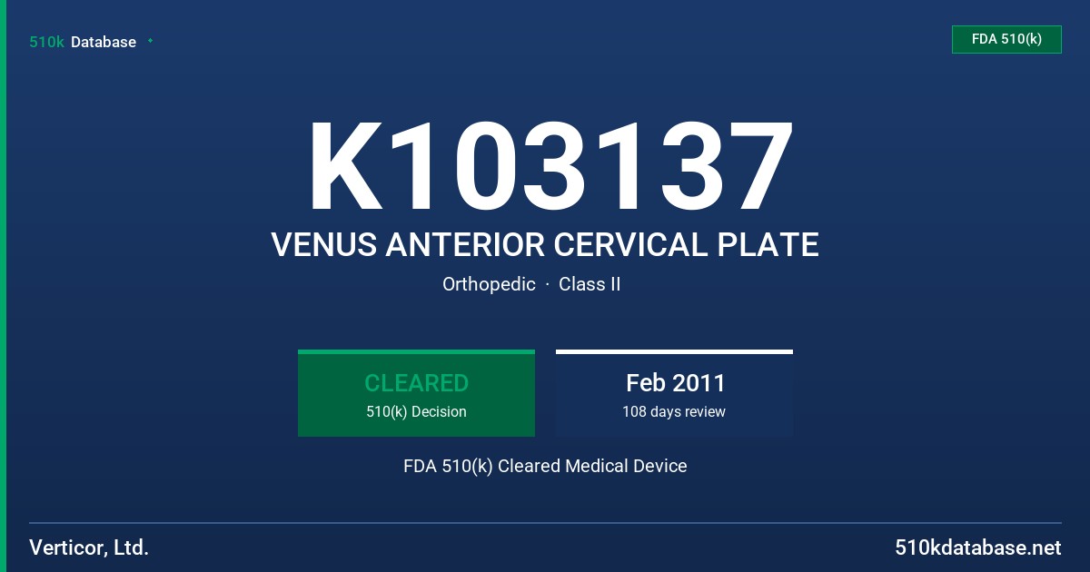 K103137 VENUS ANTERIOR CERVICAL PLATE FDA 510(k) Cleared Medical Device