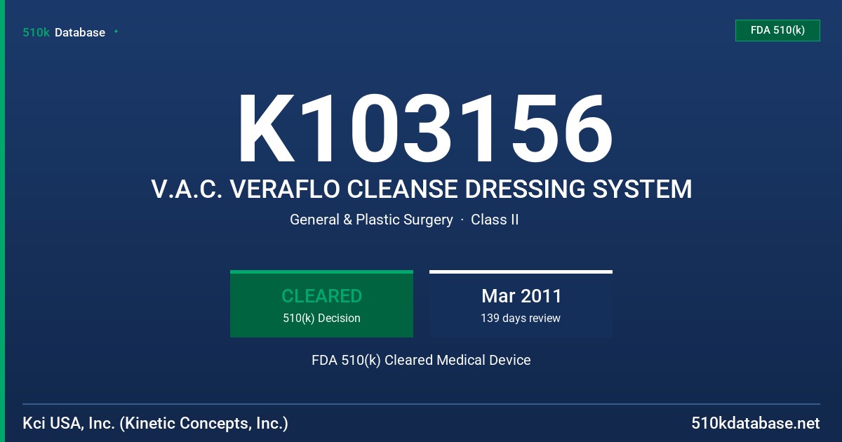 K103156 V.A.C. VERAFLO CLEANSE DRESSING SYSTEM FDA 510(k) Cleared Medical Device