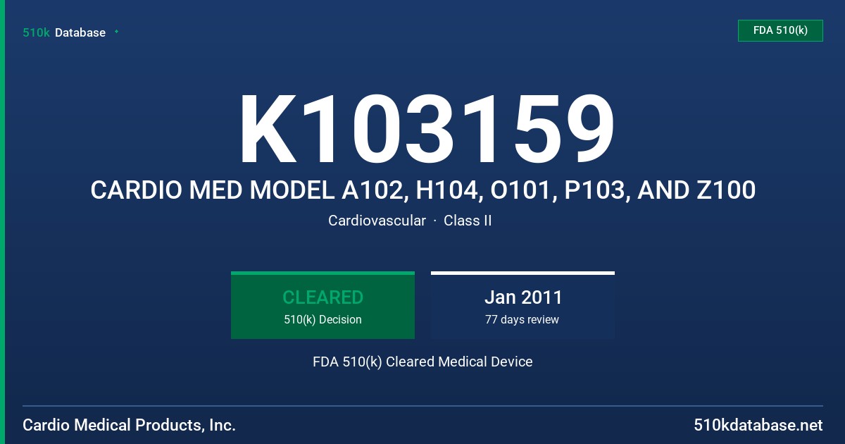 K103159 CARDIO MED MODEL A102, H104, O101, P103, AND Z100 FDA 510(k) Cleared Medical Device