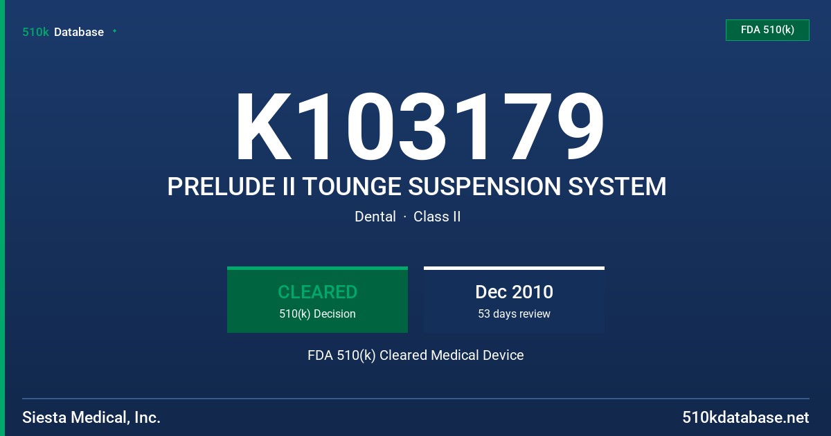 K103179 PRELUDE II TOUNGE SUSPENSION SYSTEM FDA 510(k) Cleared Medical Device