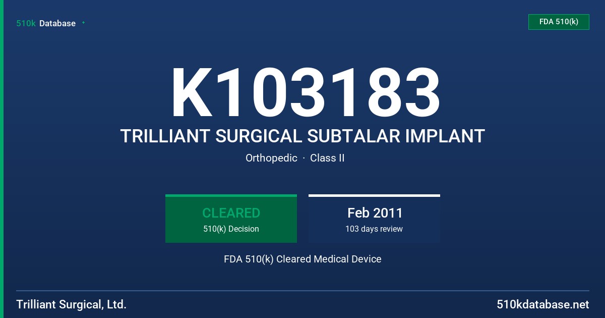 K103183 TRILLIANT SURGICAL SUBTALAR IMPLANT FDA 510(k) Cleared Medical Device