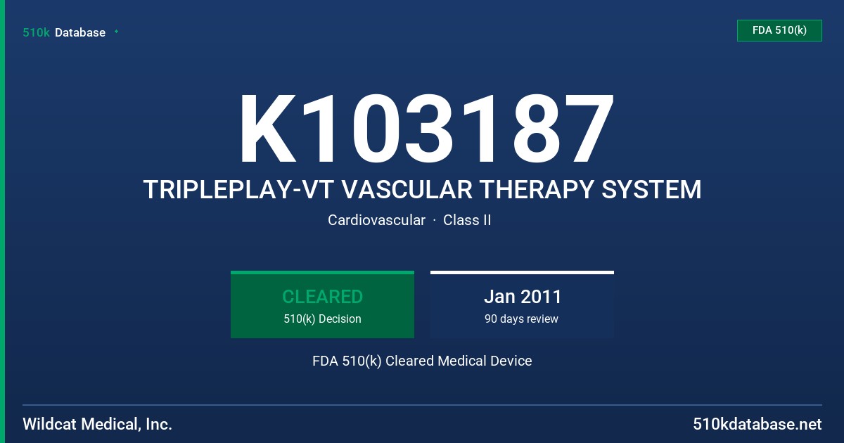 K103187 TRIPLEPLAY-VT VASCULAR THERAPY SYSTEM FDA 510(k) Cleared Medical Device