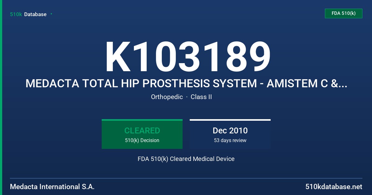 K103189 MEDACTA TOTAL HIP PROSTHESIS SYSTEM - AMISTEM C & QUADRA C SHORT NECK FDA 510(k) Cleared Medical Device