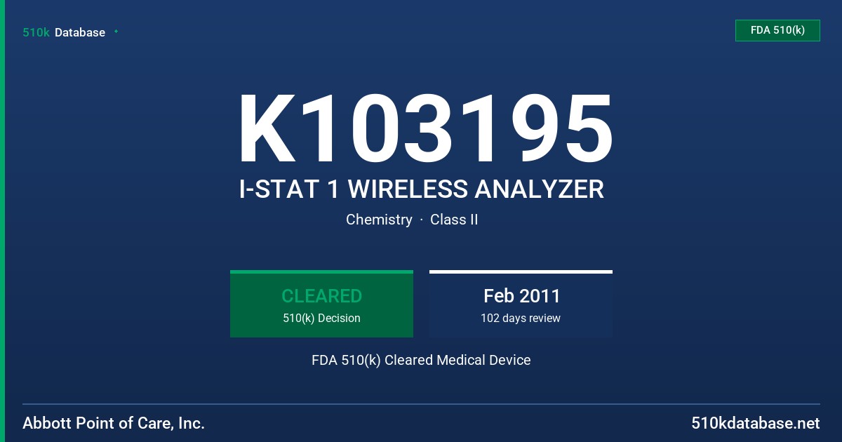 K103195 I-STAT 1 WIRELESS ANALYZER FDA 510(k) Cleared Medical Device