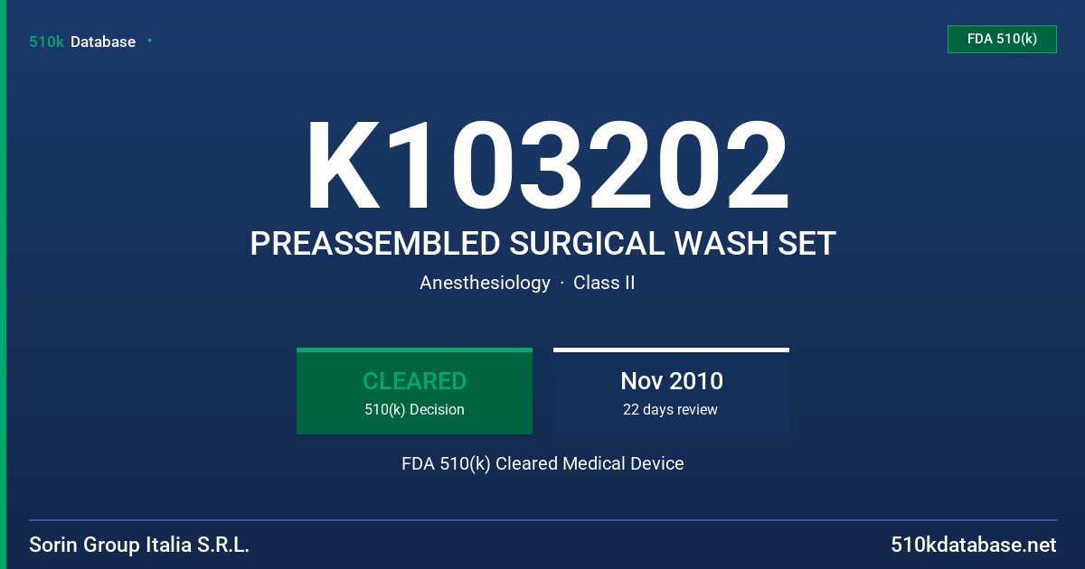K103202 PREASSEMBLED SURGICAL WASH SET FDA 510(k) Cleared Medical Device