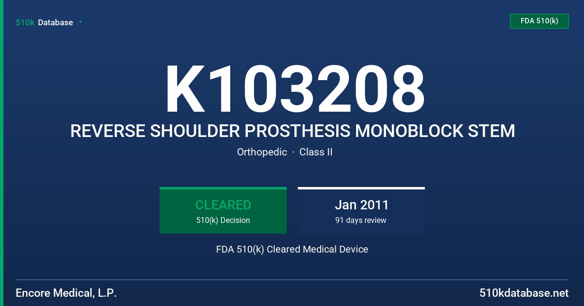 K103208 REVERSE SHOULDER PROSTHESIS MONOBLOCK STEM FDA 510(k) Cleared Medical Device