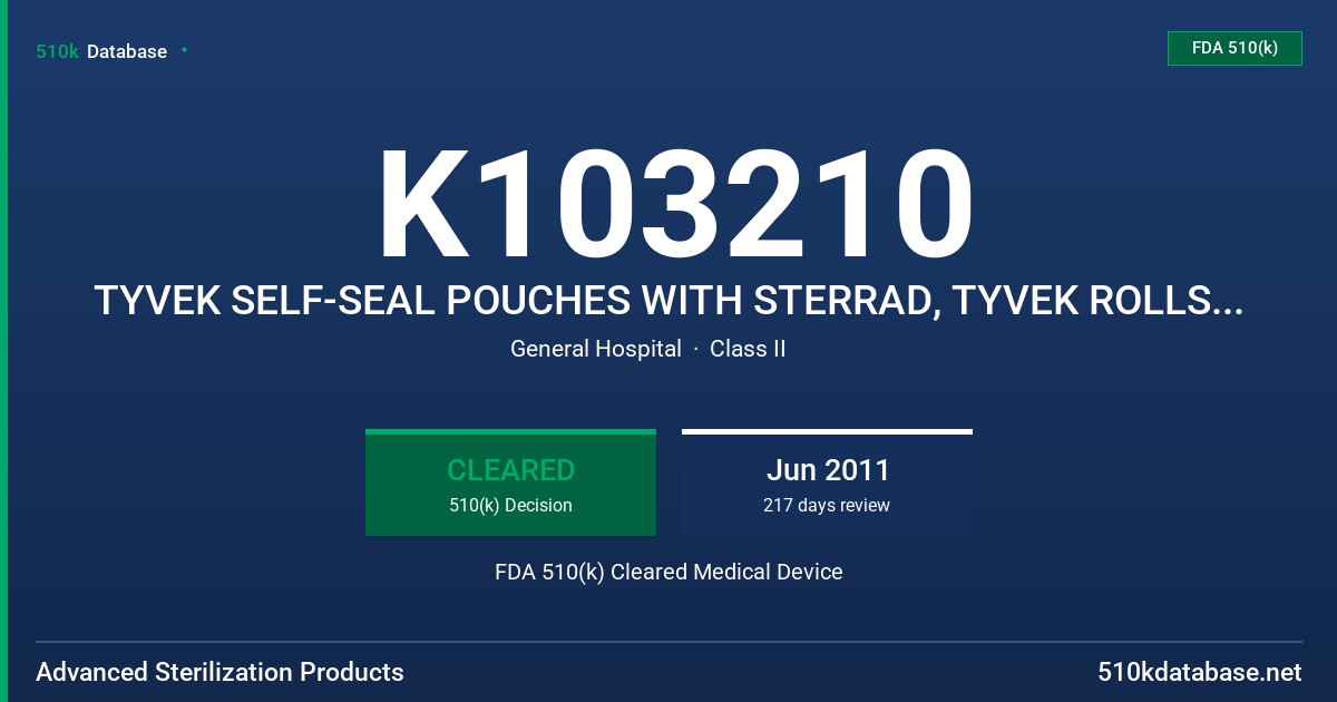 K103210 TYVEK SELF-SEAL POUCHES WITH STERRAD, TYVEK ROLLS WITH STERRAD, TYVEK HEAT-SEAL WITH STERRAD CHEMICAL INDICATORS FDA 510(k) Cleared Medical Device