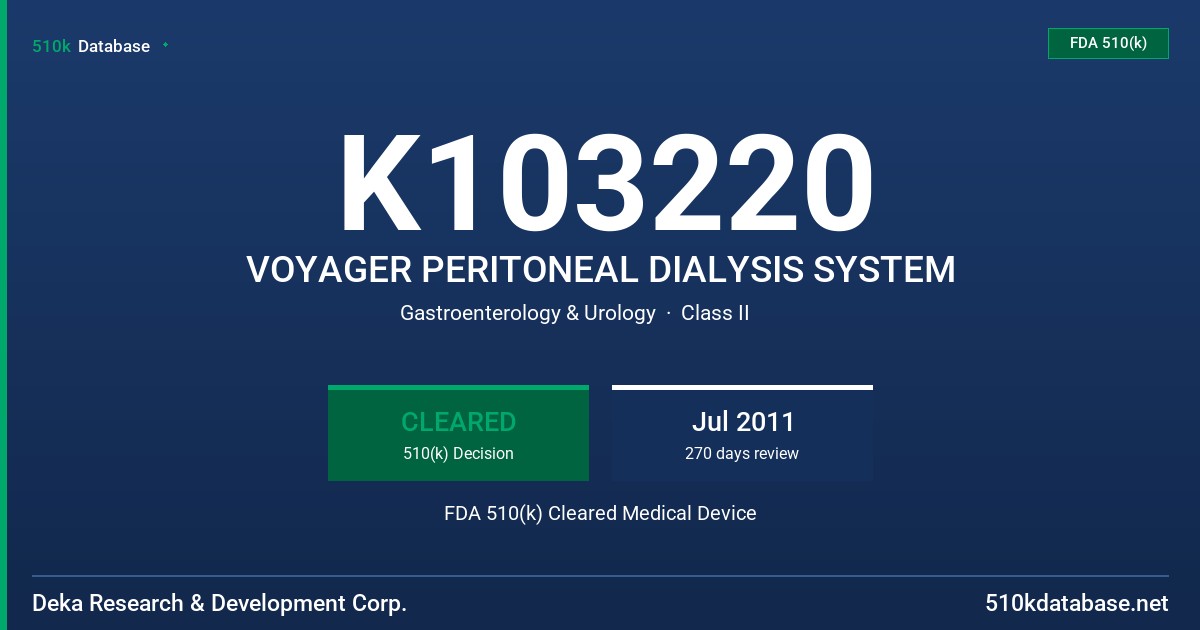 K103220 VOYAGER PERITONEAL DIALYSIS SYSTEM FDA 510(k) Cleared Medical Device