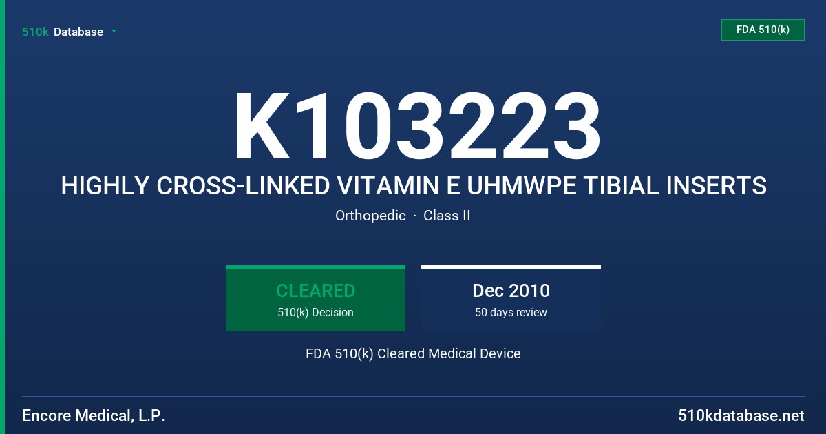 K103223 HIGHLY CROSS-LINKED VITAMIN E UHMWPE TIBIAL INSERTS FDA 510(k) Cleared Medical Device