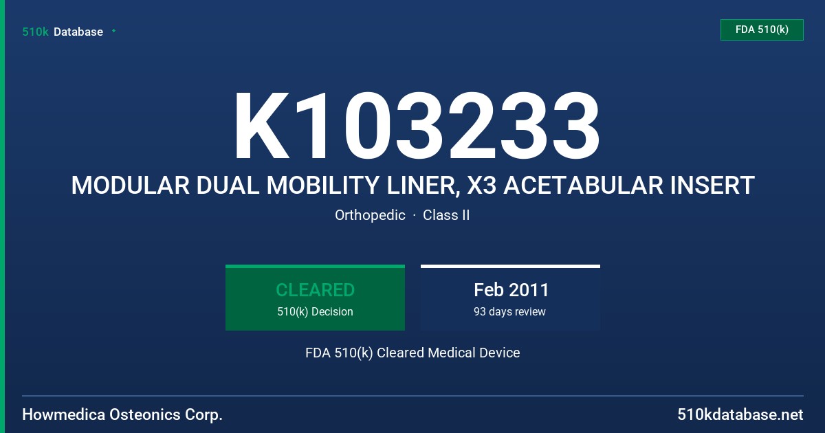 K103233 MODULAR DUAL MOBILITY LINER, X3 ACETABULAR INSERT FDA 510(k) Cleared Medical Device