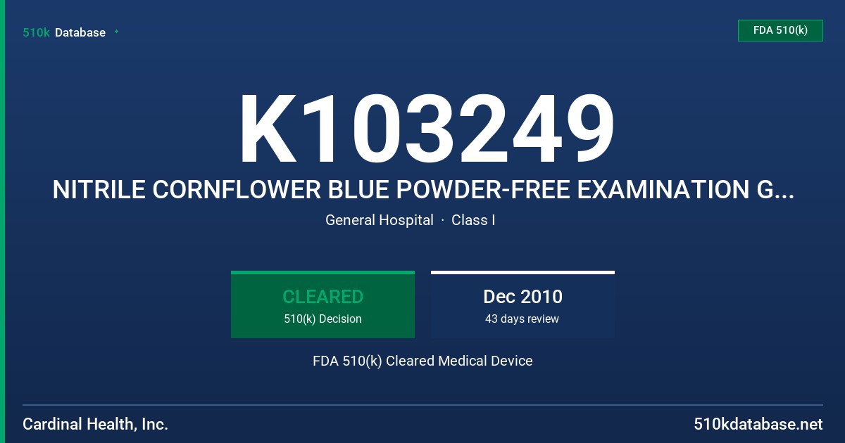 K103249 NITRILE CORNFLOWER BLUE POWDER-FREE EXAMINATION GLOVES WITH TESTED FOR USE WITH CHEMOTHERAPY DRUG LABELING CLAIM FDA 510(k) Cleared Medical Device