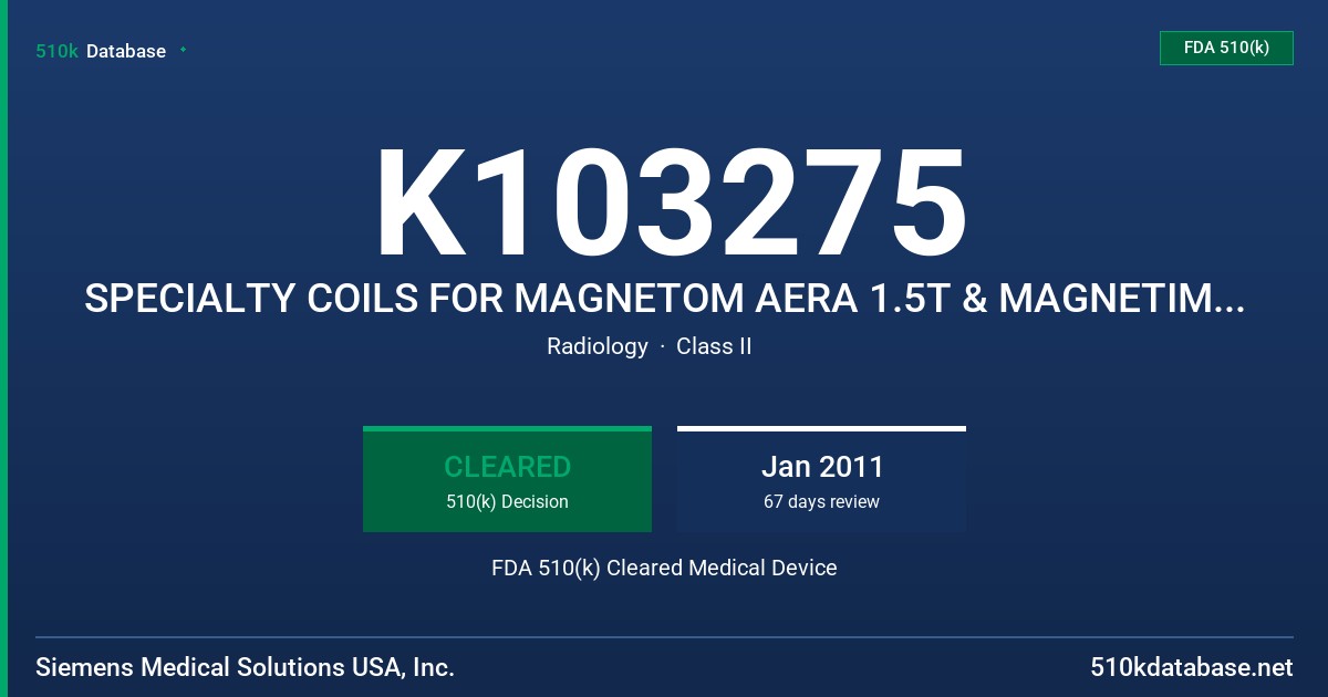 K103275 SPECIALTY COILS FOR MAGNETOM AERA 1.5T & MAGNETIM SKYRA 3T MR SYSTEMS FDA 510(k) Cleared Medical Device
