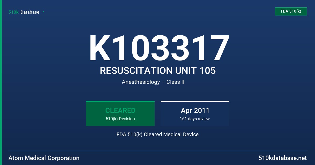 K103317 RESUSCITATION UNIT 105 FDA 510(k) Cleared Medical Device