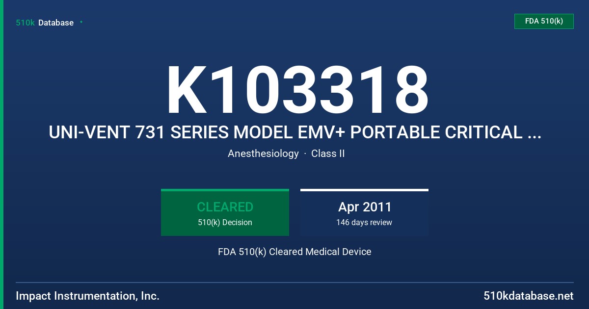 K103318 UNI-VENT 731 SERIES MODEL EMV+ PORTABLE CRITICAL CARE VENTILATOR FDA 510(k) Cleared Medical Device