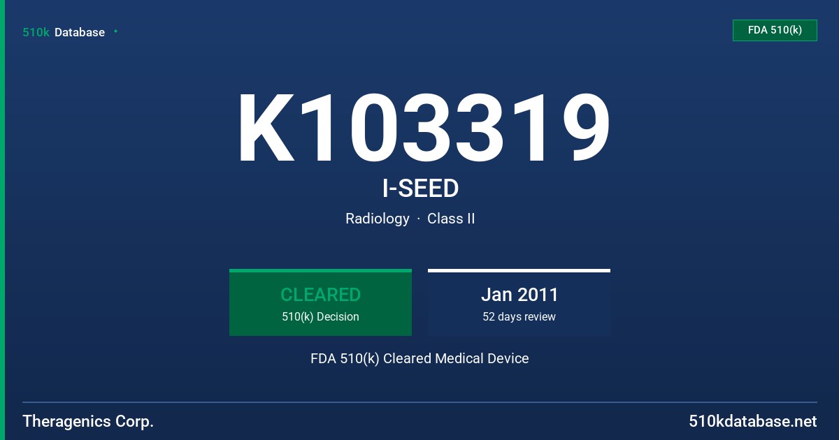 K103319 I-SEED FDA 510(k) Cleared Medical Device